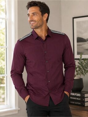 Bruno Milano Mens L Burgundy Button Down Shirt Modern Fit Contrast Shoulder Trim